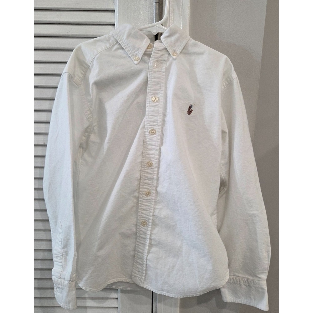 Ralph Lauren Boys Size 8 White Solid Cotton Button-Down Logo Long Sleeve Shirt